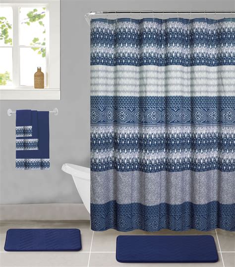 The curtain is, of course, the star of this set, including 12 shower rings along with a pair of coordinating bath rugs and three towels. . Shower curtain sets with rugs and towels